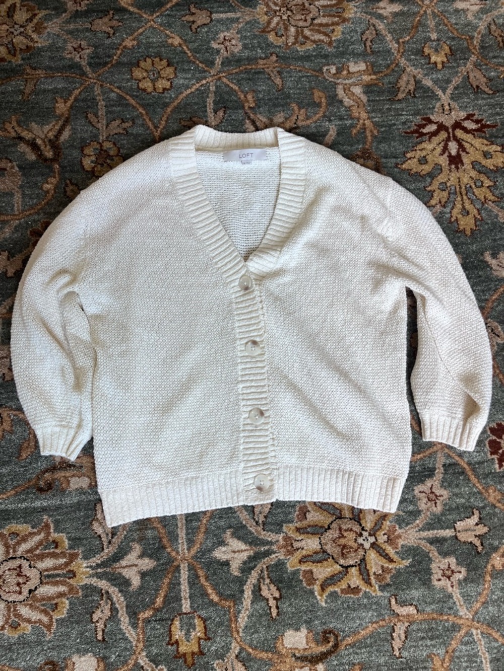 LOFT Cream Button-Front V-Neck open knit Cardigan